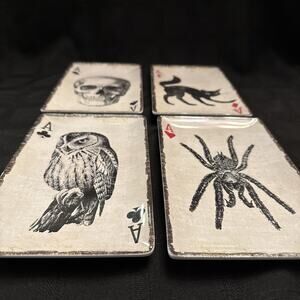 Halloween Ace Player Cards Skull Cat Owl MELAMINE Appetizer Plates Set4